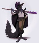  2018 absurd_res anthro barefoot black_body black_cape black_fur bottomwear clothing digital_media_(artwork) domestic_cat feet felid feline felis fur hat headgear headwear hi_res holding_object holding_staff indigo_cho looking_at_viewer magic_user male mammal open_mouth pants shirt smile solo staff topwear witch_hat 