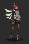  1girl angel arknights belt black_footwear black_gloves black_jacket black_pantyhose black_skirt boots breasts commentary_request detached_wings energy_wings exusiai_(arknights) fingerless_gloves full_body gloves grey_background grey_shirt gun hair_between_eyes halo highres holding holding_gun holding_weapon hood hood_down hooded_jacket id_card jacket kriss_vector looking_at_viewer medium_breasts medium_hair no_lineart pantyhose red_eyes red_hair shadow shirt simple_background skirt sleeves_rolled_up solo standing submachine_gun traditional_halo weapon white_jacket wings yakupan 