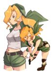  1girl bandana belt belt_buckle black_panties blonde_hair boots breasts brown_belt buckle cleavage combat_boots green_bandana green_jacket green_shorts gun hair_between_eyes handgun highres holding holding_gun holding_weapon jacket kasamoto_eri knee_pads long_hair medium_breasts metal_slug midriff panties short_shorts shorts sleeveless sleeveless_jacket tikuwabu_33 underwear weapon 