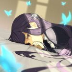  1girl bed_sheet black_coat bracelet bug butterfly coat commentary_request dress fern_(sousou_no_frieren) from_side hair_ornament highres jewelry long_hair long_sidelocks looking_at_viewer lying on_stomach purple_eyes purple_hair sidelocks solo sousou_no_frieren turtleneck turtleneck_dress upper_body white_dress yakupan 