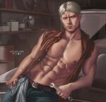  1boy abs artist_name bara bare_pectorals black_pants blonde_hair brown_shirt closed_mouth facial_hair holding holding_wrench large_pectorals looking_at_viewer male_focus muscular muscular_male navel nipples open_clothes open_shirt pants pectorals reiner_braun shingeki_no_kyojin shirt short_hair solo torn_clothes torn_shirt urielbeaupre15 wrench 