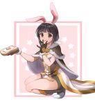  1girl :q animal_ears bangs black_eyes black_hair bob_cut boots breasts brown_cape brown_dress brown_footwear brown_gloves cape cleavage closed_mouth commentary_request dress eyebrows_visible_through_hair fake_animal_ears food fried_egg fried_egg_on_toast full_body fur-trimmed_cape fur-trimmed_gloves fur_trim gloves hairband high_wizard_(ragnarok_online) hohohoi holding holding_food layered_dress looking_at_viewer medium_breasts pink_background pink_hairband rabbit_ears ragnarok_online ragnarok_origin short_dress short_hair smile solo squatting star_(symbol) toast tongue tongue_out two-tone_dress two-tone_footwear white_background white_dress white_footwear 