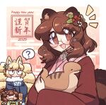  2025 3girls :3 ? absurdres animal_ear_fluff animal_ears bell bilingual blonde_hair blue_jacket blue_kimono blush brown_eyes brown_hair brown_jacket cat_ears cat_girl cat_tail chen chibi egasumi english_commentary english_text floral_print flower forked_tongue fox_ears fox_girl fox_tail fur_collar futatsuiwa_mamizou gradient_background green_kimono hagoita hair_bell hair_flower hair_ornament hands_in_opposite_sleeves hanten_(clothes) happy_new_year highres holding holding_paddle holding_snake jacket japanese_clothes kimono light_frown littlecloudie long_sleeves looking_at_viewer medium_hair mixed-language_text multiple_girls multiple_tails notice_lines obi open_mouth orange_background paddle pince-nez pink_background pink_kimono raccoon_ears raccoon_girl raccoon_tail raised_eyebrow sash seigaiha snake speech_bubble spoken_question_mark tail tongue tongue_out touhou tsuchinoko upper_body wide_sleeves yagasuri yakumo_ran yellow_sash 