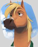 anthro blonde_hair brown_body buck_colton_(thehumancopier) bust_portrait clothed clothing day disney equid equine eyebrows fan_character fur green_eyes hair horse long_hair male mammal multicolored_body multicolored_fur outside portrait sky solo tan_body tan_fur thehumancopier white_body white_fur zootopia