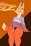 absurd_res anthro canid canine cigarette_smoke clothing diane_foxington dreamworks eyebrow_piercing facial_piercing female fox fur hi_res jewelry mammal necklace orange_background orange_body orange_fur piercing simple_background solo sweater tagme text text_on_clothing the_bad_guys toonarscontent topwear wide_hips 