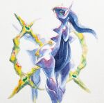  arceus colored_sclera commentary_request from_below green_sclera highres looking_down masshu_(shu_123426) no_humans painting_(medium) pokemon pokemon_(creature) red_eyes solo traditional_media watercolor_(medium) white_background 