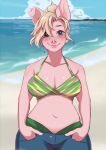  absurd_res anthro beach blonde_hair blush bottomwear breasts clothing cloud domestic_pig female green_eyes hair hi_res indigo_cho looking_at_viewer mammal navel outside pink_body sand seaside short_hair shorts smile solo suid suina sus_(pig) swimwear water wide_hips 