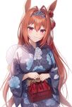  1girl animal_ears bangs blush breasts brown_hair closed_mouth daiwa_scarlet_(umamusume) eyebrows_visible_through_hair floral_print hair_intakes hair_ornament horse_ears horse_girl japanese_clothes kimono kuroki_(ma-na-tu) large_breasts long_hair looking_at_viewer purple_eyes simple_background smile solo tiara umamusume white_background 