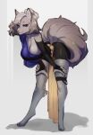  2018 anthro barefoot big_breasts black_clothing blue_eyes bottomwear breasts canid cleavage clothed clothing digital_media_(artwork) digitigrade feet female fur grey_body grey_fur grey_hair hair hi_res indigo_cho leaning leaning_forward mammal shorts simple_background smile solo standing white_background 