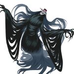  1girl absurdly_long_hair absurdres black_eyes blood blood_on_face claws colored_skin grey_background grey_skin hair_ornament hairpin highres horror_(theme) kokonotsunbai living_hair long_hair monster original severed_head simple_background solo teeth teeth_hold very_long_hair wide-eyed 