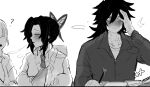  1boy 1girl ? after_ejaculation age_difference alternate_universe blush contemporary cum greyscale hair_ornament highres kimetsu_no_yaiba kochou_shinobu kurenaiz1 monochrome pussy_juice school_uniform sexually_suggestive sitting spoken_question_mark surprised tomioka_giyuu wide-eyed wiping_hands 