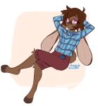  anthro barefoot bottomwear brown_body brown_fur brown_hair clothing eyewear feet fur glasses hair hand_behind_head hi_res indigo_cho lagomorph leporid looking_at_viewer lying male mammal pink_eyes rabbit round_glasses shirt shorts simple_background solo topwear white_background 