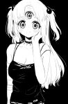  +_+ 1girl absurdres bandaged_arm bandages bangs blush breasts camisole cleavage collar collarbone extra_eyes eyebrows_visible_through_hair greyscale hair_bobbles hair_ornament hand_on_own_cheek hand_on_own_face highres long_hair looking_at_viewer mntimccz monochrome monster_girl original parted_bangs shirt smile solo spaghetti_strap spiked_collar spikes torn_clothes torn_shirt twintails 