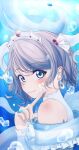  1girl bare_shoulders blue_eyes blush breasts brown_hair bubble dress earrings frills from_side gem grey_hair hair_ornament hana_y_chan hand_up heart highres jewelry koi_ni_naritai_aquarium large_breasts looking_at_viewer love_live! love_live!_sunshine!! nail_polish ocean ribbon short_hair smile solo tiara underwear watanabe_you wavy_hair 
