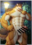  2022 abs absurd_res anthro balls barrel_(live-a-hero) blush border breath brown_body brown_fur canid canine canis censored claws clothed clothing cute_fangs digital_drawing_(artwork) digital_media_(artwork) erection exposed finger_claws fur genitals hi_res homohomofever humanoid_genitalia humanoid_penis lamp lifewonders live-a-hero looking_pleasured male mammal multicolored_body multicolored_fur muscular muscular_anthro muscular_male nipples open_mouth orange_body orange_eyes orange_fur outside panting pawpads pecs penis plant presenting presenting_penis pubes public public_exposure raised_clothing shirt solo standing street_lamp tan_body tan_fur tank_top tongue tongue_out topwear tree video_games white_border wolf 