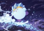  arms_up breath_weapon breathing_ice closed_eyes commentary_request copy_ability ice_kirby kirby kirby_(series) korean_commentary night no_humans open_mouth outdoors prne_2 sky snow snowflakes solo sparkle star_(symbol) twitter_username 
