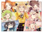  6+girls :d :o ;d absurdres animal_ears animare bangs bear_ears black_bow black_bowtie black_hair black_jacket black_ribbon blonde_hair blue_eyes blush bow bowtie brown_bow brown_eyes brown_hair character_name collared_shirt commentary_request cosmetics dress_shirt eyebrows_visible_through_hair forehead green_eyes green_hair hair_between_eyes hair_bow hair_ornament hairclip heart heart_hair_ornament highres hinokuma_ran hira_hikari holding inaba_haneru_(animare) jacket kazami_kuku lipstick lipstick_tube long_hair low_twintails makeup megaphone multiple_girls neck_ribbon nintendo_switch one_eye_closed orange_hair oura_rukako parted_lips pink_hair ponytail red_eyes ribbon sakura_oriko school_uniform seshima_rui shirt smile twintails virtual_youtuber white_shirt x_hair_ornament yellow_eyes yellow_jacket yunohara_izumi 