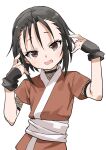 1girl absurdres black_gloves black_hair brown_eyes commentary_request fingerless_gloves gloves highres japanese_clothes kunoichi_tsubaki_no_mune_no_uchi looking_at_viewer rindou_(kunoichi_tsubaki_no_mune_no_uchi) short_hair short_sleeves simple_background solo white_background yamamoto_souichirou 