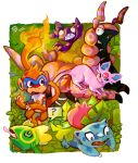  ? @_@ alpha_transparency commentary english_commentary espeon fangs fire flame-tipped_tail full_body highres ivysaur kayveedee kecleon monferno no_humans open_mouth outdoors pokemon pokemon_(creature) sableye scared scolipede sharp_teeth signature spoken_question_mark teeth tongue tongue_out wooper 