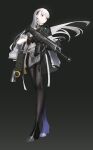  1girl absurdres ak-alfa_(girls'_frontline) bag belt black_pantyhose bottle girls'_frontline gloves gradient_background gun highres holding holding_weapon jacket long_hair looking_to_the_side midriff_peek pantyhose shoes shorts thigh_strap tololo_(girls'_frontline_2) very_long_hair weapon weapon_request white_hair yakupan zettai_ryouiki 