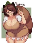  5_fingers absurd_res animal_humanoid big_breasts biped blush breasts brown_body brown_clothing brown_dress brown_ears brown_eyes brown_fur brown_hair brown_tail canid canid_humanoid canine canine_humanoid cleavage clothed clothing colored curvy_figure dialogue digital_media_(artwork) dress english_text eyewear female fingers fluffy fluffy_tail front_view fully_clothed fur glasses glistening glistening_body glistening_breasts glistening_skin green_clothing green_hat green_headwear hair hat headgear headwear hi_res huge_breasts humanoid humanoid_hands light_body light_skin looking_at_viewer mamizou_futatsuiwa mammal mammal_humanoid markings mature_female mature_humanoid monotone_ears monotone_hair multicolored_body multicolored_fur multicolored_tail nicecream open_mouth open_smile portrait ring_(marking) ringtail shaded short_hair simple_background smile solo standing tail_markings tanuki_humanoid text thick_thighs three-quarter_portrait touhou two_tone_body two_tone_fur two_tone_tail video_games voluptuous wide_hips 