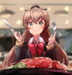  1girl aruka blue_eyes blush brown_cardigan brown_hair cardigan closed_mouth collared_shirt eyebrows_visible_through_hair food fork hair_between_eyes holding holding_fork holding_knife kantai_collection knife kumano_(kancolle) kumano_kai_ni_(kancolle) long_hair long_sleeves meat neck_ribbon ponytail red_ribbon ribbon school_uniform shirt smile solo white_shirt 