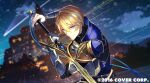  1boy armor blonde_hair blue_armor blue_eyes blue_gemstone blue_ribbon blurry blurry_background building copyright dutch_angle gem gloves hair_between_eyes hand_up highres holding holding_sword holding_weapon holostars kainown kishido_temma light_trail looking_at_viewer male_focus night official_art ribbon shooting_star short_hair sky smile solo star_(sky) starry_sky sword two-handed upper_body vambraces virtual_youtuber weapon white_gloves 