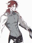  1boy abs absurdres arknights bare_shoulders blood blood_on_face covered_collarbone covered_navel covered_nipples cowboy_shot grey_shirt highres hoederer_(arknights) holding holding_sword holding_weapon horns long_hair male_focus parted_lips pointy_ears red_eyes red_hair shirt simple_background sketch sleeveless sleeveless_shirt solo sword v-shaped_eyebrows weapon white_background zuo_daoxing 