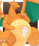  2022 3_fingers absurd_res ai_only_dream belly blush bodily_fluids breath charizard claws disembodied_hand duo emanata finger_claws fingers green_wings hand_on_stomach hi_res nintendo open_mouth orange_body orange_tail orange_wings pok&eacute;mon pok&eacute;mon_(species) solo_focus spread_wings sweat sweatdrop teeth tongue two_tone_wings video_games white_hands wings 