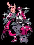  1boy arkestar black_background black_shirt clefairy closed_mouth full_body game_console highres holding holding_poke_ball ivysaur jacket long_sleeves male_focus motor_vehicle motorcycle nintendo_64 pikachu poke_ball poke_ball_(basic) pokemon pokemon_(creature) pokemon_rgby pokemon_tower_ghost red_(pokemon) shirt simple_background sneaker sparkle striped_clothes striped_jacket translation_request unown unown_e 