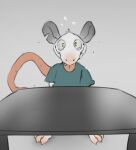  anthro clothing crimetxt didelphid furniture green_clothing green_eyes green_topwear grey_ears looking_at_viewer male mammal marsupial simple_background solo standing table tongue tongue_out topwear 