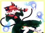  1girl :d animal_ears bow braid cat_ears cat_tail cube_iso dress extra_ears fangs fire flaming_skull floating_skull hair_bow hitodama kaenbyou_rin letterboxed long_hair long_sleeves looking_at_viewer multiple_tails nekomata open_mouth paw_pose red_eyes red_hair skull smile solo tail touhou twin_braids two_tails 