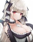  1girl azur_lane bangs between_breasts black_bow black_dress bow breasts cleavage closed_mouth commentary dress eyebrows_visible_through_hair formidable_(azur_lane) frilled_dress frills grey_hair hair_bow highres large_breasts long_hair looking_at_viewer meow_nyang red_eyes simple_background solo two_side_up white_background 