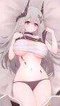  1girl arknights bandages bandeau bangs bare_shoulders bed_sheet blush breasts chest_sarashi commentary_request cowboy_shot eyebrows_visible_through_hair flying_sweatdrops grey_hair groin hair_between_eyes highres horns large_breasts lifted_by_self long_hair looking_at_viewer lying mudrock_(arknights) navel on_back oripathy_lesion_(arknights) parted_lips partial_commentary pointy_ears red_eyes risshu sarashi solo sports_bra sports_bra_lift stomach strapless thighs tube_top very_long_hair 