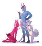  2019 absurd_res anthro blue_body blue_fur blue_hair breasts canid canine canis chest_tuft chiropteran clothed clothing collar collar_only corablue corablue_(character) female fur genitals group hair hi_res holding_leash holding_object horn jackal kneeling kullax leash maku_(maku450) male male/female mammal navel nipples nude penis pink_body pink_eyes pink_hair short_hair simple_background topless tuft underwear white_background wolf yellow_eyes 