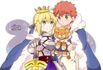 1boy 1girl ahoge armor armored_dress artoria_pendragon_(fate) blonde_hair caliburn_(fate) couple dress emiya_shirou excalibur_(fate/stay_night) fate/stay_night fate_(series) gauntlets green_eyes red_hair saber_(fate) stuffed_toy sword tsuchiya_madose weapon 