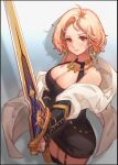  1girl black_dress blonde_hair border breasts cleavage cleavage_cutout closed_mouth clothing_cutout dress dungeon_and_fighter earrings garter_straps halter_dress halterneck holding holding_sword holding_weapon jewelry large_breasts looking_at_viewer meinoss red_eyes short_dress short_hair solo sword tight tight_dress weapon 