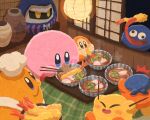  :d ^^^ bandana bandana_waddle_dee blue_bandana blue_eyes bowl brown_eyes chef_hat chef_kawasaki chopsticks closed_eyes colored_skin commentary_request eating food gooey_(kirby) hat holding holding_chopsticks indoors jug_(bottle) kirby kirby_(series) kotatsu magolor miclot no_humans noodles open_mouth orange_skin pink_skin shrimp smile steam table tongue tongue_out waddle_dee white_hat yellow_skin 
