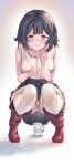  1girl black_hair black_skirt blush boots collarbone cup gradient gradient_background granblue_fantasy grey_background highres looking_at_viewer panties pleated_skirt red_eyes red_footwear shirt short_hair skirt sleeveless sleeveless_shirt solo squatting underwear vikala_(granblue_fantasy) white_panties white_shirt wince 