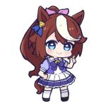  1girl animal_ears blue_bow blue_eyes blue_shirt blush bow brown_footwear brown_hair chibi closed_mouth commentary_request full_body hair_ribbon hand_on_hip hand_up horse_ears horse_girl horse_tail index_finger_raised long_hair multicolored_hair nozo_(hitomiz) pink_ribbon pleated_skirt ponytail puffy_short_sleeves puffy_sleeves ribbon school_uniform shirt shoes short_sleeves skirt smile solo standing streaked_hair tail thighhighs tokai_teio_(umamusume) tracen_school_uniform umamusume very_long_hair white_hair white_legwear white_skirt 