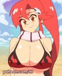  1girl animated animated_gif artist_name bikini bikini_top_only bouncing_breasts breasts brown_eyes fingerless_gloves flame_print gloves hair_ornament large_breasts looking_at_viewer looping_animation patreon_username ponytail red_hair rtil scarf smile solo studded_gloves swimsuit tengen_toppa_gurren_lagann upper_body yoko_littner 