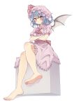 1girl absurdres ascot bare_legs barefoot bat_wings blue_hair blush breasts collared_shirt commentary_request crossed_arms feet foot_focus frilled_shirt_collar frills hat hat_ribbon highres looking_at_viewer mob_cap open_mouth pink_hat pink_shirt pink_skirt puffy_short_sleeves puffy_sleeves red_ascot remilia_scarlet ribbon seika_okawari shirt short_sleeves simple_background sitting skirt solo sweatdrop toes touhou white_background wings 