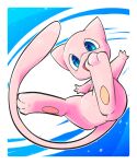  3_fingers 3_toes ambiguous_gender blue_background blue_eyes chaba featureless_crotch feet feral fingers happy hi_res legendary_pok&eacute;mon looking_ahead mew monotone_body nintendo open_mouth pink_body pok&eacute;mon pok&eacute;mon_(species) simple_background solo toes video_games white_background 