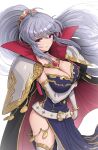  1girl absurdres ahoge arm_under_breasts armor belt black_cape blue_dress bracelet breasts cape cleavage commentary_request cowboy_shot cross cross_earrings dress earrings elbow_gloves fire_emblem fire_emblem:_genealogy_of_the_holy_war gloves gonzarez grey_hair highres ishtar_(fire_emblem) jewelry large_breasts long_hair looking_at_viewer pauldrons ponytail purple_eyes shoulder_armor side_slit simple_background skindentation solo standing thighhighs thighs very_long_hair white_background white_belt white_gloves 