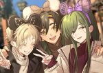  1girl 2boys animal_ear_hairband animal_ears black_bow black_eyes black_hair black_hairband black_jacket blonde_hair blurry blurry_background bow brown_bow brown_shirt brown_sweater closed_eyes day eyes_visible_through_hair fake_animal_ears fingernails green_hair green_shirt hair_between_eyes hair_ornament hairband hairclip hands_on_another&#039;s_shoulders highres jacket kagerou_project kano_shuuya kido_tsubomi lamppost long_hair long_sleeves looking_at_viewer looking_to_the_side mokemoke_chan multiple_boys open_mouth outdoors print_bow purple_bow purple_hairband seto_kousuke shirt short_hair sleeves_past_wrists smile star_(symbol) star_print sweater teeth tsurime twitter_username upper_body upper_teeth_only v white_hairband white_jacket white_sweater 