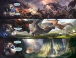 alectorfencer ambiguous_gender anthro armor axe badger battle battle_axe battlefield blood blue_scarf boat bodily_fluids boozer chaos claws cloud death dialogue dragon feral fight flying fog group hi_res hybrid lake male mammal melee_weapon memories mustelid musteline myre mythological_creature mythological_scalie mythology open_mouth plant polearm ruins scalie scarf serene sharp_teeth spear spread_wings sword teeth tree unknown_species vehicle walking_stick warrior watercraft weapon wings