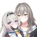  black_hairband blush collared_dress dress firefly_(honkai:_star_rail) green_pupils grey_hair hair_between_eyes hair_intakes hair_tie hairband hand_on_another&#039;s_chin highres honkai:_star_rail honkai_(series) jacket shirt simple_background tefutefufu two-tone_eyes white_background white_shirt 