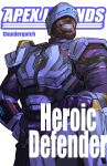  1boy apex_legends armor beard black_hair bleach character_name cover cover_page dark-skinned_male dark_skin facial_hair fake_cover gloves highres logo_parody looking_up male_focus manga_cover newcastle_(apex_legends) parted_lips purple_gloves shield smile solo thundergotch visor white_background 