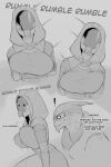 absurd_res alien alien_humanoid annoyed big_breasts bioware bodysuit bouncing_breasts breasts clothing demidoggo dialogue duo electronic_arts exclamation_point female garrus_vakarian grey_background hi_res humanoid male mask mass_effect motion_lines pupils quarian scouter simple_background skinsuit slit_pupils tali&#039;zorah text tight_clothing turian wearing_mask