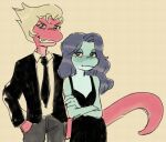  2022 amphibia_(series) amphibian anthro black_eyes blonde_hair blue_body blue_hair bow_tie clothing crossed_arms disney dress duo fangs female general_yunan hair half-closed_eyes hi_res lady_olivia long_hair long_tail looking_at_viewer narrowed_eyes newt salamander_(amphibian) short_hair sketch smile suit tiredumpling uniform 